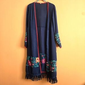 Boho Floral Embroidered Fringe Kimono Cardigan – Navy, One Size